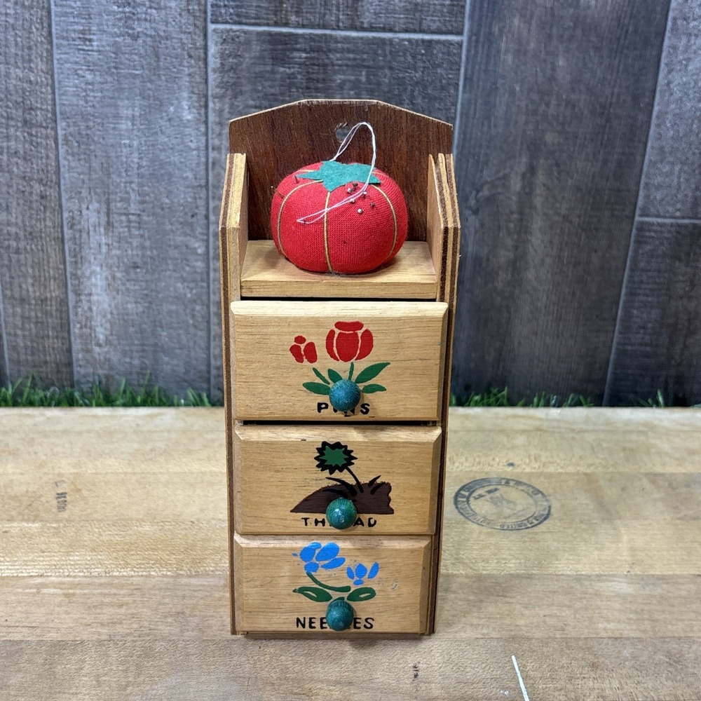 Vintage Wooden Sewing Caddy 3 Drawer Organizer Tomato Pincushion Retro